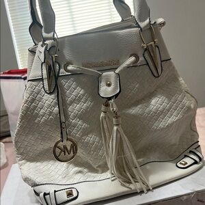 MK Cream Woven Shoulder Bag